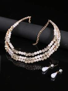 3pcs/Set Girls Fashion Elegant Pearls & Rhinestone Necklace Earrings Jewelry Set - Gold - View 3