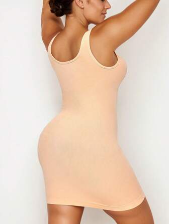 paquete de 1 vestido camisole sin costuras, de alta elasticidad y que estiliza para mujeres de talla grande - Diseño de tejido delgado de un solo color con control de abdomen, transpirable y sin transparencia, ideal para uso diario, yoga, fiestas y uso postparto