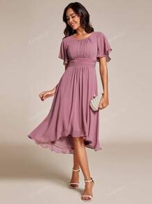 EVER-PRETTY Abito da damigella d elegante con maniche a balze, plissettato, in chiffon con stampa floreale, per cerimonie formali e ospiti di matrimonio