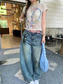 夏季美式扎染涂鸦印花圆领插肩袖女士T恤 - 淡紫色 - 查看 6