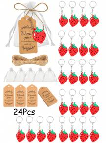 Llaveros con forma de fresa como recuerdos para invitados de fiesta de cumpleaños, bolsas blancas de regalo, etiquetas de agradecimiento, recuerdos con tema de frutas para fiestas, Navidad