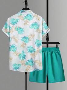 Men's Casual Set With Short Sleeve Shirt And Printed Shorts - 綠色 - 查看 4