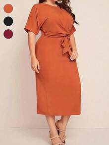 Fashionable Bowknot Tie Round Neck Short Sleeve Plus Size Dress Casual Summer Elegant - Orange - View 1