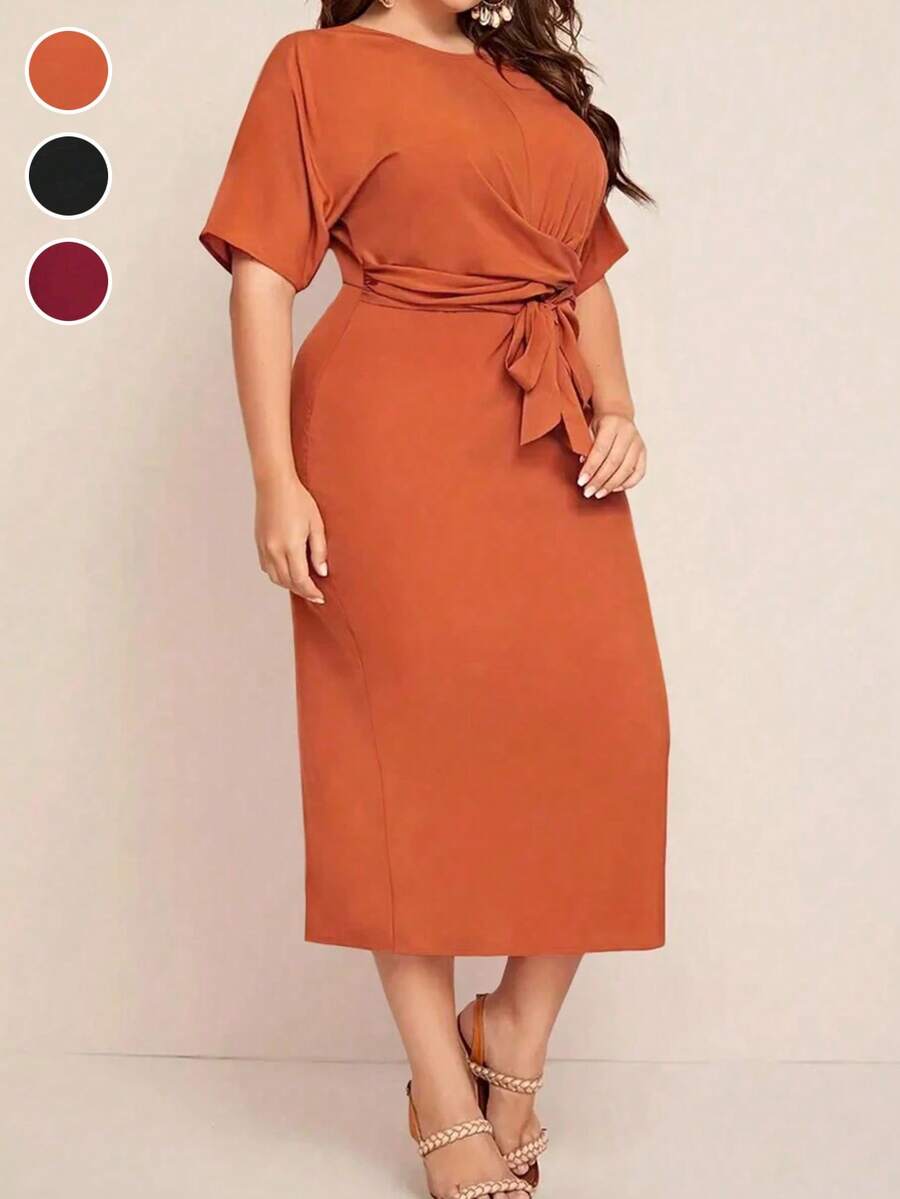 Fashionable Bowknot Tie Round Neck Short Sleeve Plus Size Dress Casual Summer Elegant - Orange - View 1
