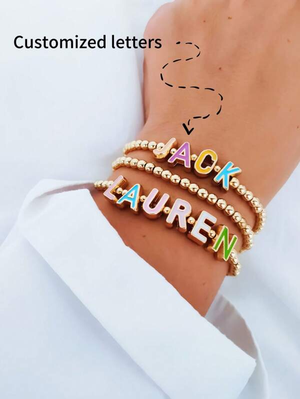 1pc Custom Fashion Enamel Hollow Letter Name Gold Bracelet, Customizable With Your Name Label, Multi-Layered Stacking Bracelet For Women, Personalized Gift For Men And Women, Bead Bracelet, Perfect Gift For Friends/Girlfriend/Family, Suitable For Mother's Day Gift, Valentine's Day, Christmas, Daily Wear And Party