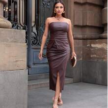 Women's Midi Leather Skirt With Drape Simple Elegant Party PU Leather Draped Women's Midi Leather Skirt Formal And Evening Winter-Summer-Autumn - Rust Brown - View 1