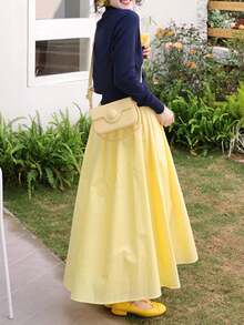 Dopamine Midi A-Line Flared Skirt, High Waist Casual Pleated Skirt For Petite Women, Summer, Yellow