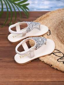 New Summer Fashion For Toddlers/Little Girls In 2025: Large Rhinestone Decorated, Flat-Bottomed, Anti-Slip Round-Toed Slippers, Suitable For Beach And Home Wear