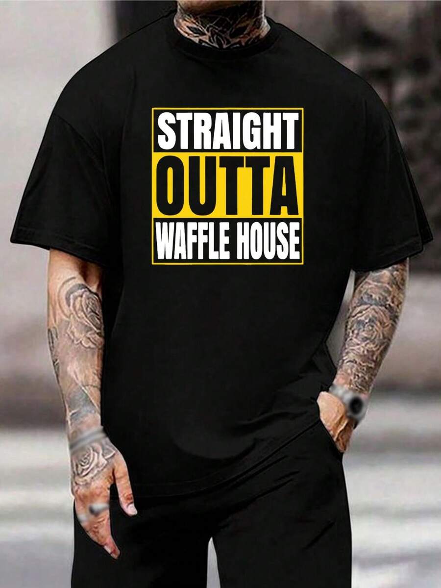 Camiseta divertida con estampado de gofres - Straight Outta Waffle House - Regalo para amantes de la comida para hombres y mujeres - Suave mezcla de algodón - Varias tallas - Diseño único para amantes de los gofres - Negro - Ver 1