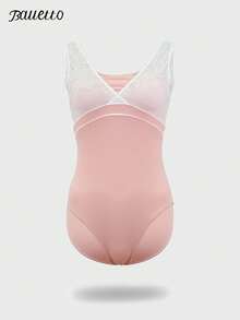 balletto High Elastic Nylon Dance Leotard For Women, Lace Splice Design, Yoga Training Suit, Breathable Fitted Jumpsuit - Coral Pink - View 6