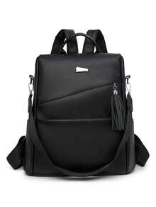 Stylish Women's Large Capacity Travel Backpack With Tassel Decor & Anti-Theft Protection, School Backpack - Black - View 1