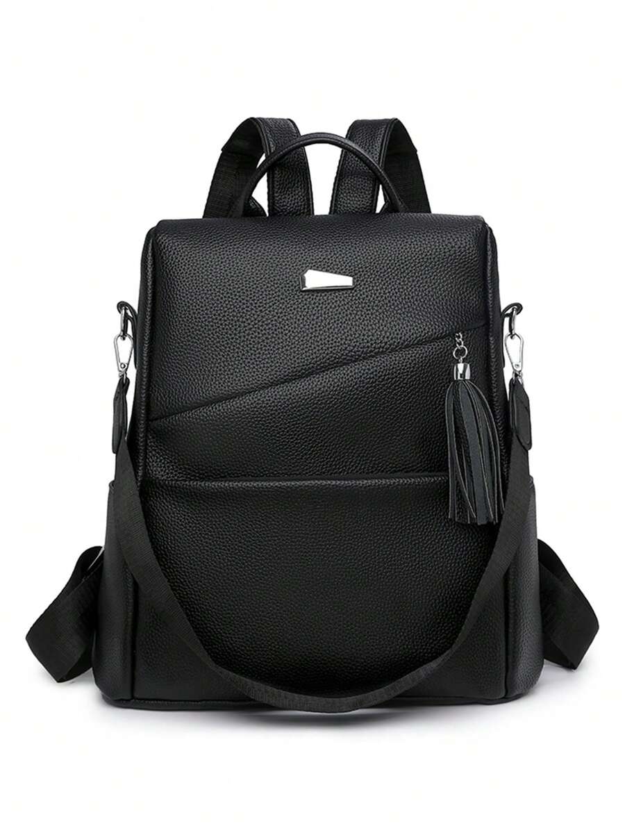 Stylish Women's Large Capacity Travel Backpack With Tassel Decor & Anti-Theft Protection, School Backpack - Black - View 1