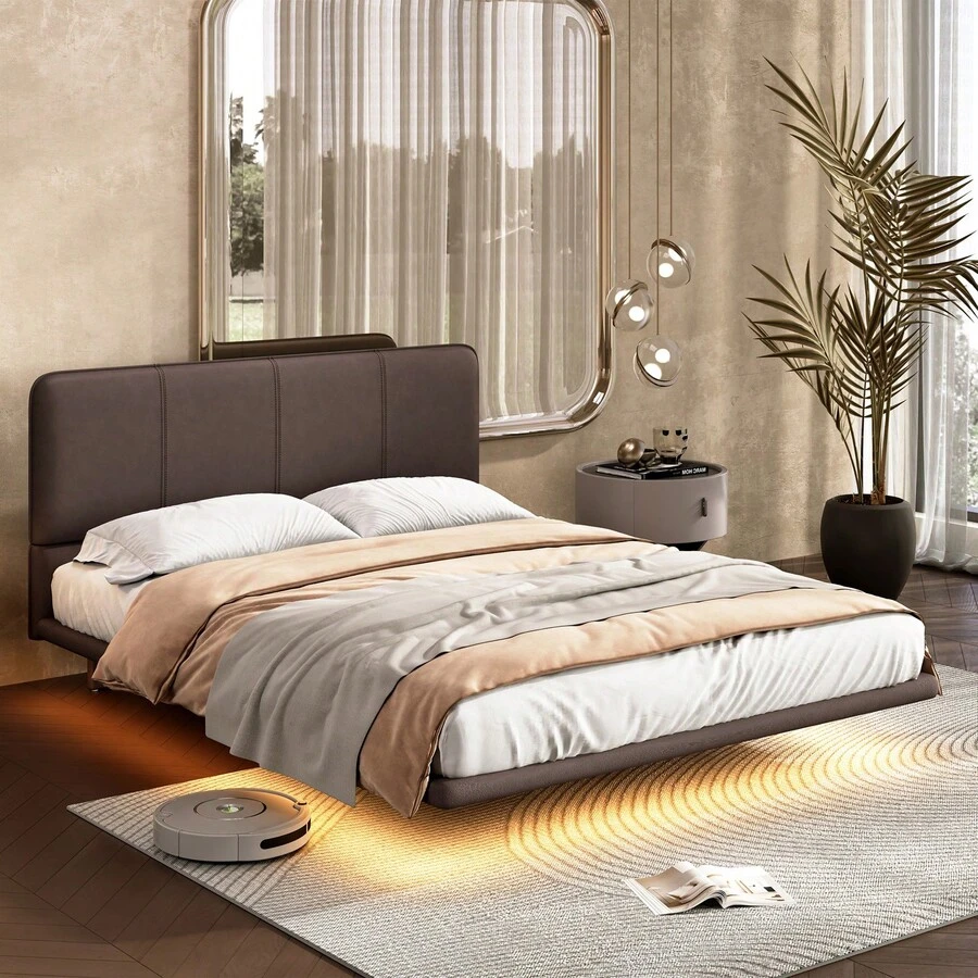 MERAX Floating Bed Frame With LED Light, Modern PU Leather Platform Bed, No Boxing Spring Needed, Assemble Easily,Full Size-Coffee - 全尺寸咖啡 - 查看 1