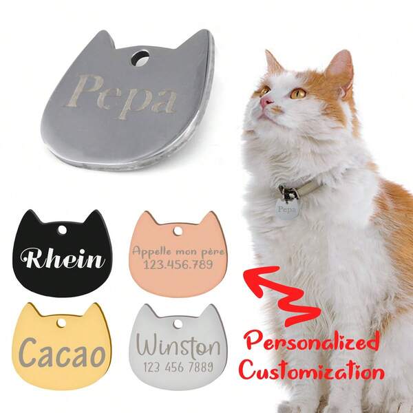 Customized Cat Shaped Name Tag, Pet ID Tag, Cat Accessories, Collar Pendant, Various Fonts And Colors Available