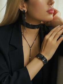 1 Set Elegant Jewelry Set: 1 Pair Earrings + 1 Necklace + 1 Bracelet, Black Gold Silver Plated With Rhinestones, Multiple Colors Available, Suitable For Daily Wear - Geometry - View 1