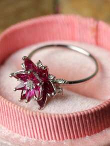Vintage Handmade Red Cubic Zirconia Lotus Flower Engagement Ring, Unique Gold & Silver Color Ring For Women, Birthstone Floral Ring, Party Jewelry, Mother's Day Gift - Golden - View 5