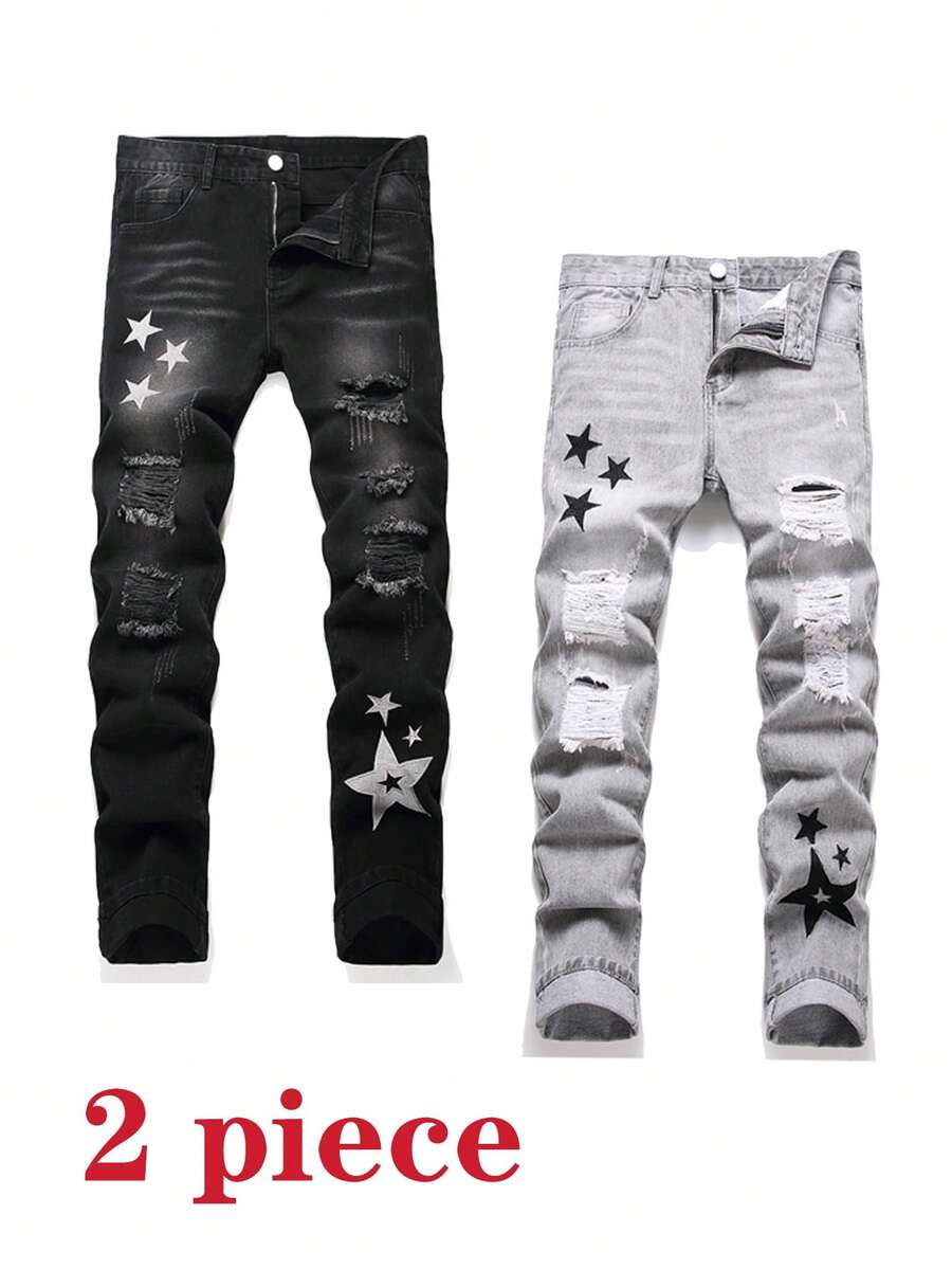 2-Pack Men's Slim Fit Ripped Jeans With Star And Palm Tree Embroidery, Vintage Wash Denim, Light Grey And Black, Mid-Rise, Comfortable Fit, Perfect For Casual Outings - Pha trộn màu sắc - Xem 1