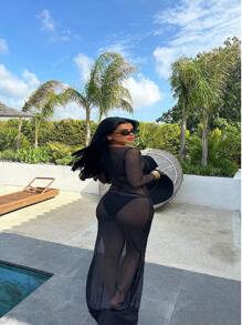 Women's Sexy Slim-Fit Net Sheer Off Shoulder Long Sleeve Long Dress, Plus Size, Summer