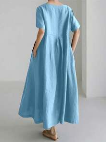 Đầm linen nữ dáng rộng, thanh lịch, đơn giản, thoải mái, tay ngắn, cổ tròn, màu trơn, dáng dài, thoải mái, thích hợp cho mùa hè. - Màu xanh lam - Xem 2