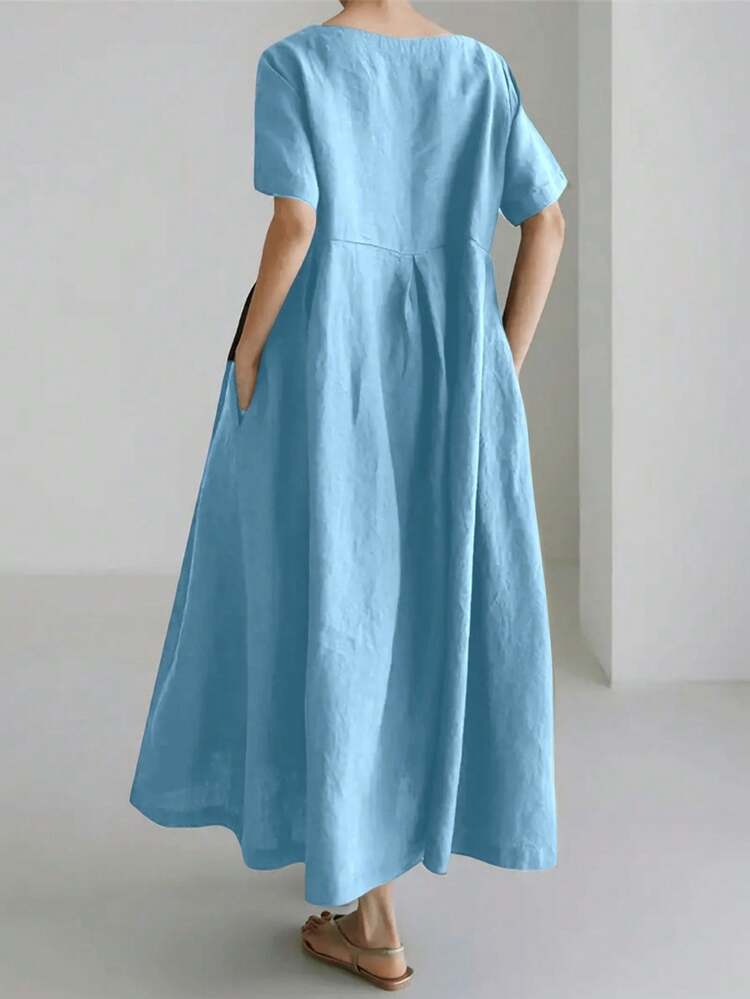 cotton linen dresses with sleeves Blue Linen Cotton Dress with Fitted Waist and Full Sleeves