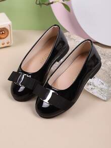 "Shoes For Girls"Little Girl's Dress Shoes, Children's Shoes, Bow Design, Flat Comfortable Black Leather Shoes, Suitable For Daily, Campus Shoes, Wedding - Black - View 2