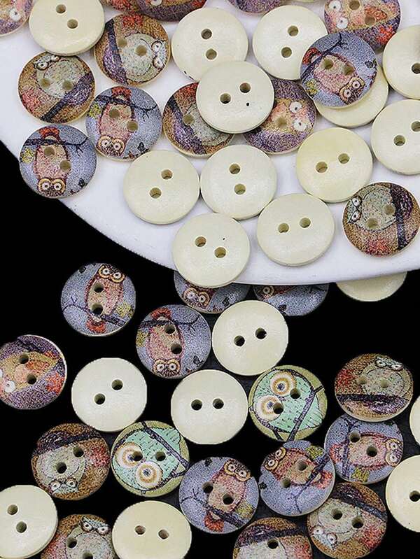 100pcs/Pack Vintage Owl Wood Buttons, Double Hole Craft Round Sewing Scrapbooking DIY Home Decor Assorted