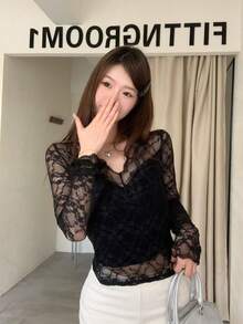 2025新款春季蕾丝V领长袖T恤打底衫女款黑色 - 黑色 - 查看 4