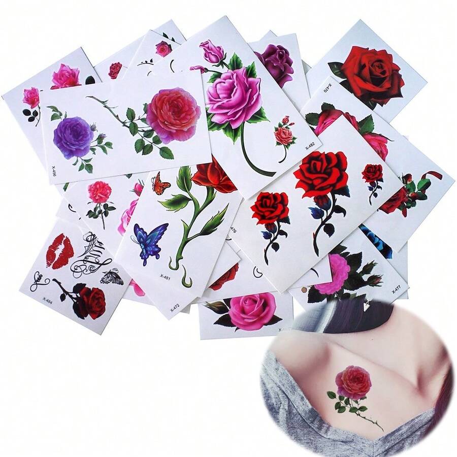 Flower Realistic Temporary Tattoos, Small Tiny Fake Rose Tattoo Stickers, 10 Sheets For Women Girls Adults Makeup On Body Face Hand Finger Arm Neck Wrist, Sexy Party Supplies Favors