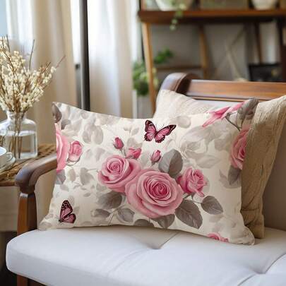 MEMNUN 1 pieza/2 piezas Funda de almohada impresa con rosas y mariposas vintage [sin relleno de almohada], 11.81*19.71 pulgadas(30*50cm), [impresión de un solo lado] Funda de cojín de poliéster, decoración de habitación, decoración del hogar, decoración de dormitorio, artículos de decoración de habitación para sofá, cama, sala de estar, dormitorio, coche, oficina, hotel, para todas las estaciones, regalo perfecto para familiares y amigos