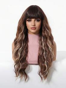 24 Inch Long Wavy Wigs With Bangs Brown Mixed Blonde Wigs For Women Brown Ombre Hair With Blonde Wigs,Heat-Resistant Synthetic Wigs For Daily Party Cosplay Wigs - 彩色 - 查看 3