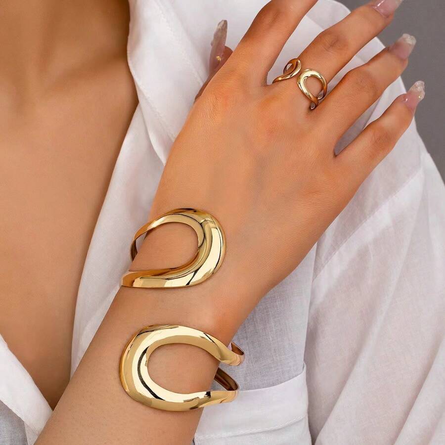 2pcs Set Exaggerated Geometric Minimalist Chic Metallic Adjustable Cuff Bracelet & Ring Set For Women