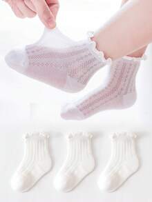 3 pares de nuevos calcetines para niños con volantes, calcetines de malla transpirable con textura hueca de estilo versátil Ins para niñas pequeñas - Blanco - Ver 1