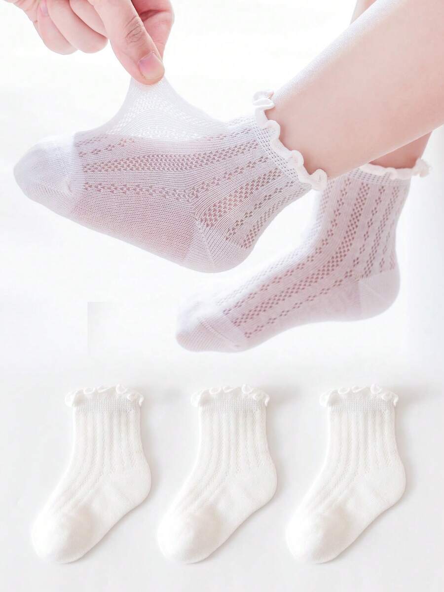 3 pares de nuevos calcetines para niños con volantes, calcetines de malla transpirable con textura hueca de estilo versátil Ins para niñas pequeñas - Blanco - Ver 1