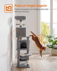 Árbol para Gatos de 191 cm de Altura, Rascador para Gatos con 5 Postes, 2 Plataformas, 2 Cuevas, Hamaca, 2 Pompones, Felpa Multicapa, Gris Claro - Gris Claro - Ver 6