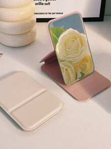 1pc Foldable Mini Makeup Mirror, Portable PU Leather, Women's Makeup Mirror, Daily Use Student Dormitory Desktop Standing Makeup Mirror - Elegant Design Holiday Gift