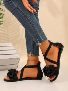 1 双女士凉鞋 - 优雅甜美风格，交叉绑带、花卉装饰和后拉链细节 - 舒适时尚，适合夏季、休闲外出、日常穿着和各种场合 - 黑色 - 查看 6