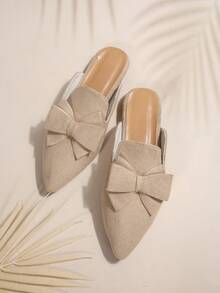 卡其色半包穆勒鞋，尖头女式一脚蹬乐福鞋，蝴蝶结装饰，优雅百搭露背设计平底鞋，适合春夏季 - 卡其色 - 查看 7