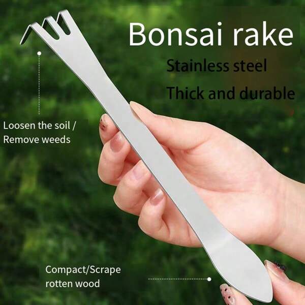 1pc New Bonsai Rake, Stainless Steel Handheld Rake, Double-Headed Soil Tamper, Handmade Bonsai Cultivation Tools For Weeding And Soil Aeration, Highly Recommended For Bonsai Enthusiasts