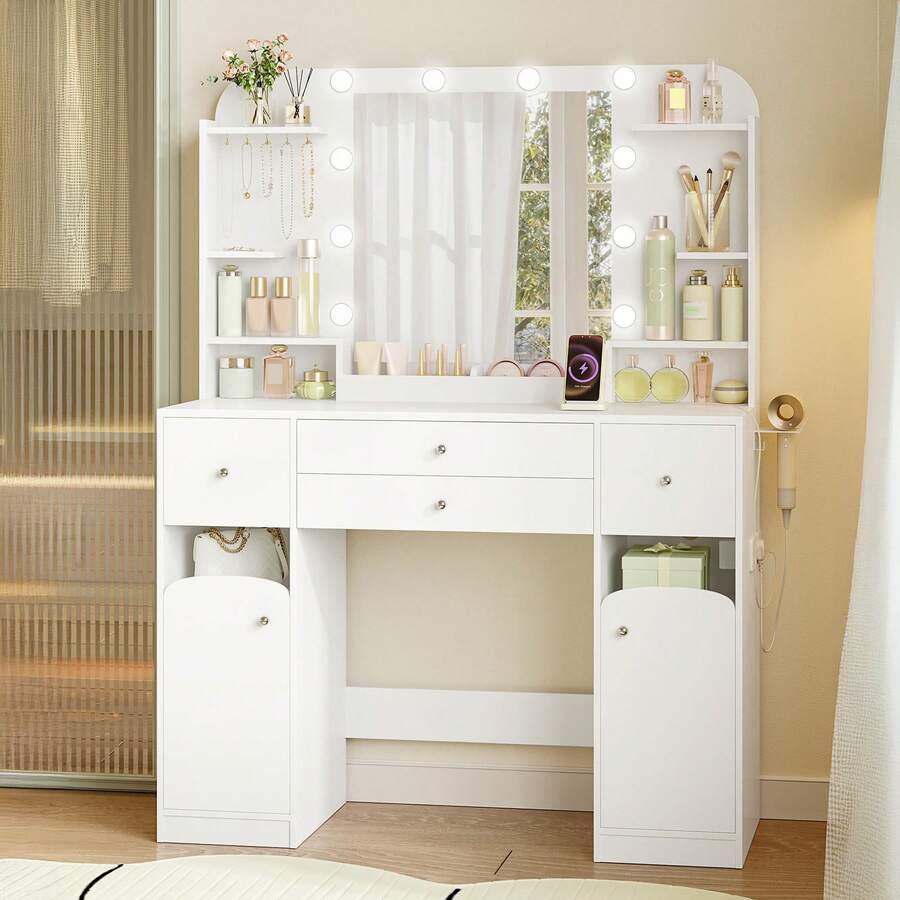 Hzuaneri Dressing Table With Mirror, Vanity Table With Adjustable Brightness, Power Strip, 4 Drawers And 2 Open Cabinets, 5 Jewelry Hooks, Open Compartments, White - White - View 1