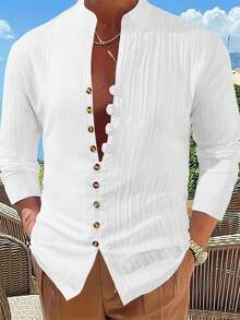 Men's Casual Shirt, Button Front, Slim Fit, Polyester Blend, Stand Collar, Machine Washable, Ideal For Spring And Fall, Lightweight Cardigan - 查看 1