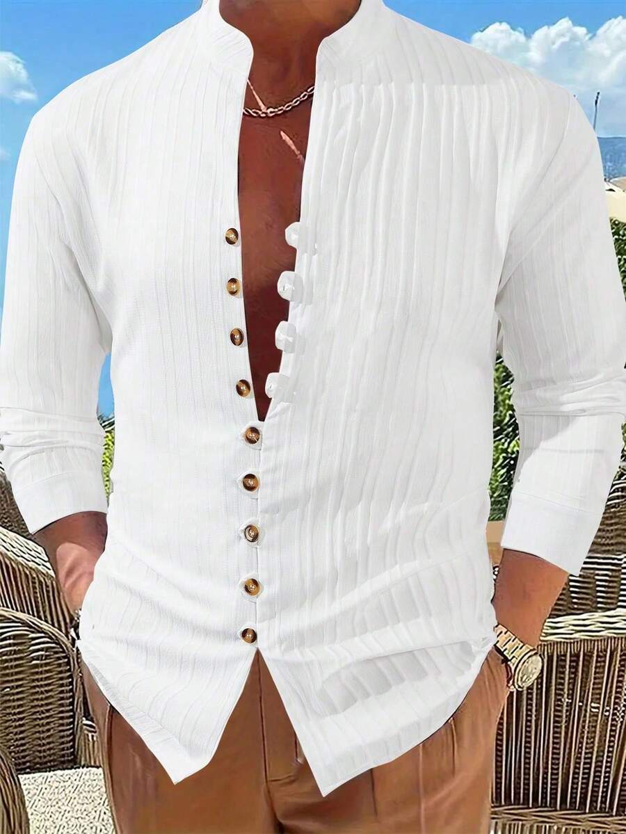 Men's Casual Shirt, Button Front, Slim Fit, Polyester Blend, Stand Collar, Machine Washable, Ideal For Spring And Fall, Lightweight Cardigan - 查看 1