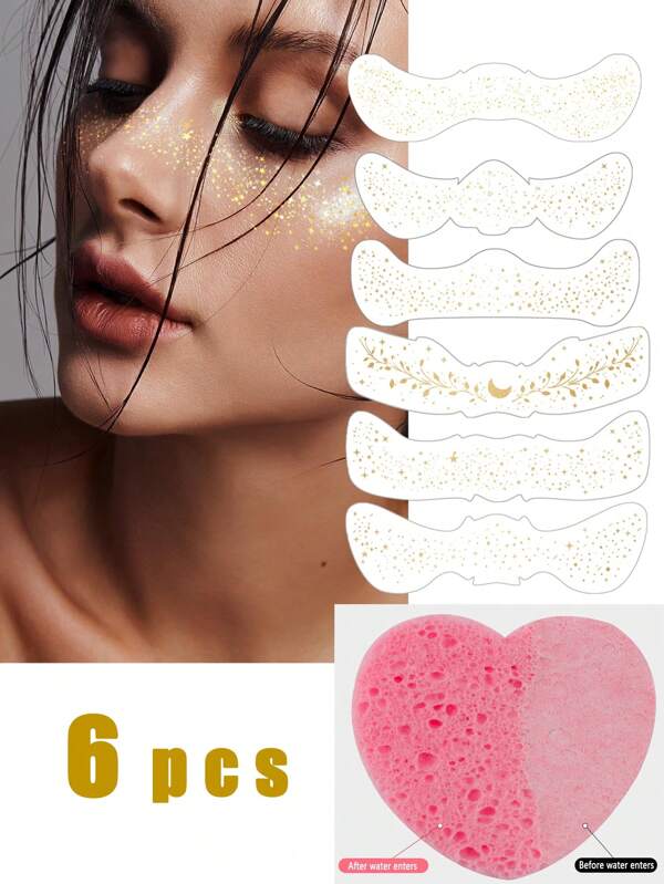 6 قطع من لوصقات المكياج - نقوش البريق الفضي- دهان الوجه بالجليتر,بقع الوجه المقاومة للعرق والماء بطبعات الجليتر الذهبي, إكسسوارات حفلات الموسيقى والمهرجانات,نقاط الوجه المزيفة للنساء