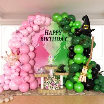 136 piezas Kit de guirnalda de globos de color rosa, verde y negro para decorar el tema de bruja, incluye globos con diseño de sombrero de bruja y corona de princesa para fiestas de cumpleaños de bruja princesa y decoraciones de la maravilla del hada