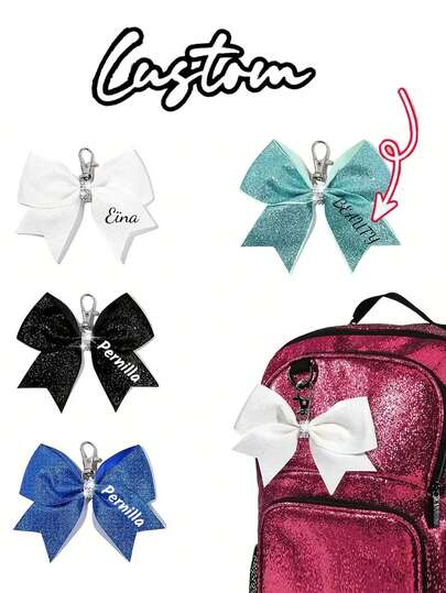 Customized Name, Personalized, Colorful Cheerleader Bow Keychain With Crystals - Vibrant Red, Black, Purple, Green, Pink, Blue And Orange Fabric Bows, Sports Themed Pendant, Can Be Hung On Backpacks And Keys, Cheerleading Accessory | Cheer Accessory | Keychain, Adorable Keychain Accessory, Suitable For School And Sports Events, Suitable For Seniors, Baseball, Football Games, New Year And Other Occasions.