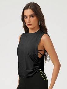 Sodalemon Women Loose Sleeveless Color Block Drawstring Round Neck Outdoor Casual Training Workout Sport Bra - Black - View 4