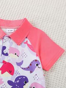 Baby GirlSummer Short Sleeve Lapel Patchwork Whale Print Soft Romper