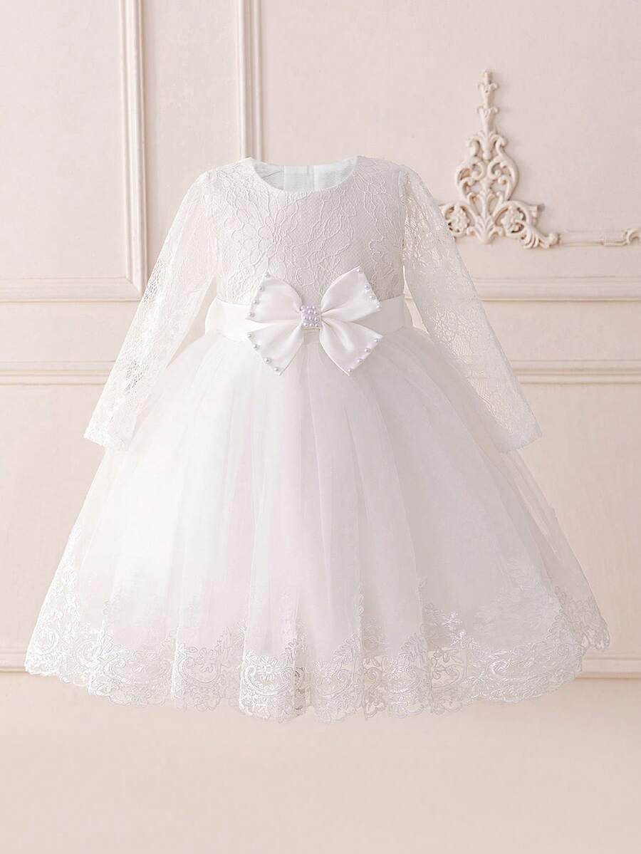 Lace Long Sleeve Bow Mesh Elegant Flower Girl Princess Dress, Suitable For School, Piano Recital, Formal Occasions, Without Headband - White - View 1