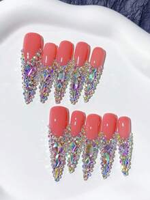 10pcs Y2K Extra Long Nude Luxury Diamond Stiletto French Handmade Nails; Improve Temperament; Homemade Nails DIY Press On Nails Nail Art Acrylic False Nails; Suitable For Holiday, Parties, Daily Wear; Includes 1Sheet Jelly Glue & 1pc Mini File - Multicolor - View 2