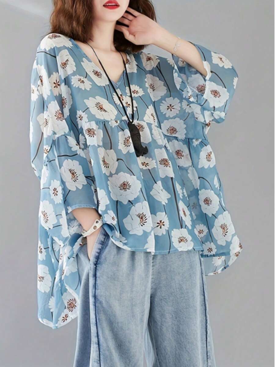 Women's Floral Print V Neck Batwing Sleeve Blouse, Casual Loose Chiffon Babydoll Top - Blue - View 1