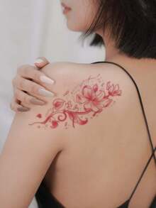 1pc Waterproof, Sweat-Resistant, Washable Temporary Floral Tattoo Sticker, Elegant & High-Fashion Design, Suitable For Users - Hot Pink - View 5